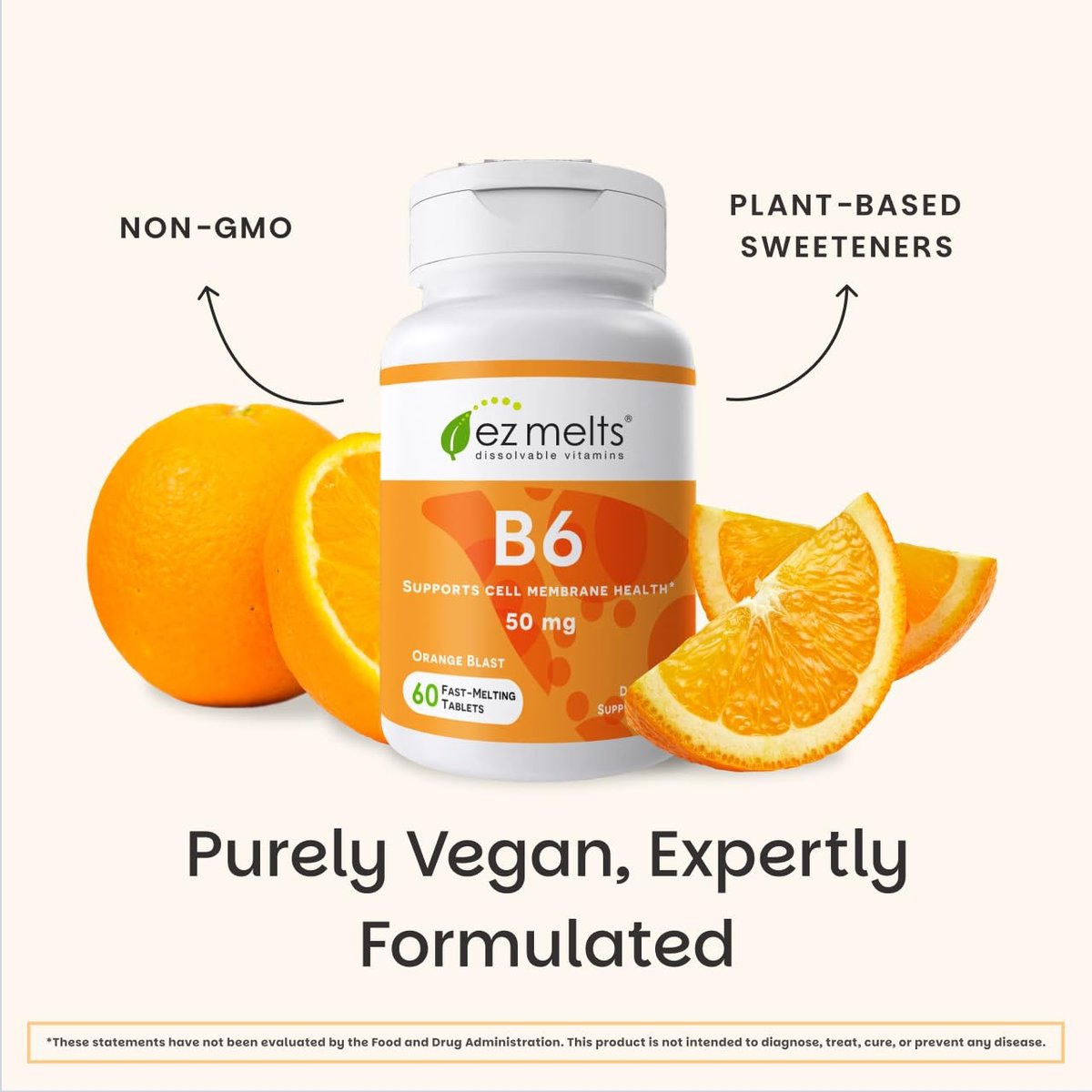 EZ Melts Vitamin B6 – Gehirn & Herz Gesundheit Supplement – Unterstützt den Energiestoffwechsel – Ohne künstliche Aromen – Nicht-GVO & Vegan – Orange Blast – 60 lösliche Tabletten (30 Portionen)