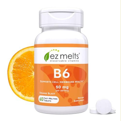 EZ Melts Vitamin B6 – Gehirn & Herz Gesundheit Supplement – Unterstützt den Energiestoffwechsel – Ohne künstliche Aromen – Nicht-GVO & Vegan – Orange Blast – 60 lösliche Tabletten (30 Portionen)