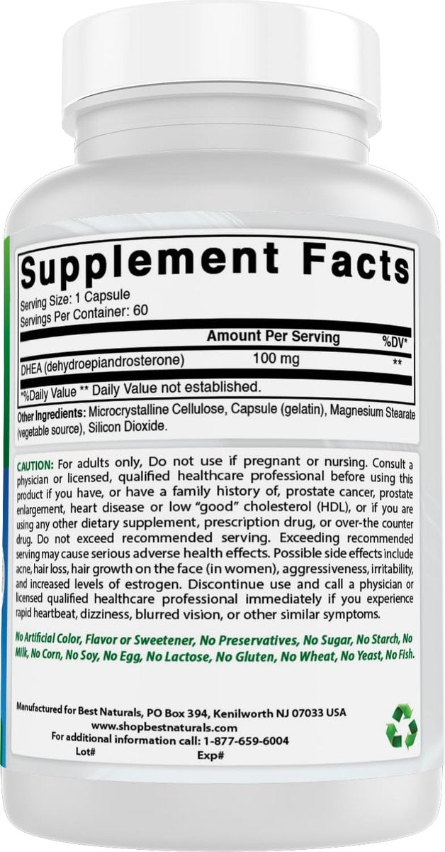 Best Naturals DHEA 100 mg – 60 Kapseln – Unterstützt ausgeglichene Hormonspiegel für Männer & Frauen – Fördert gesundes Altern – Hergestellt in den USA
