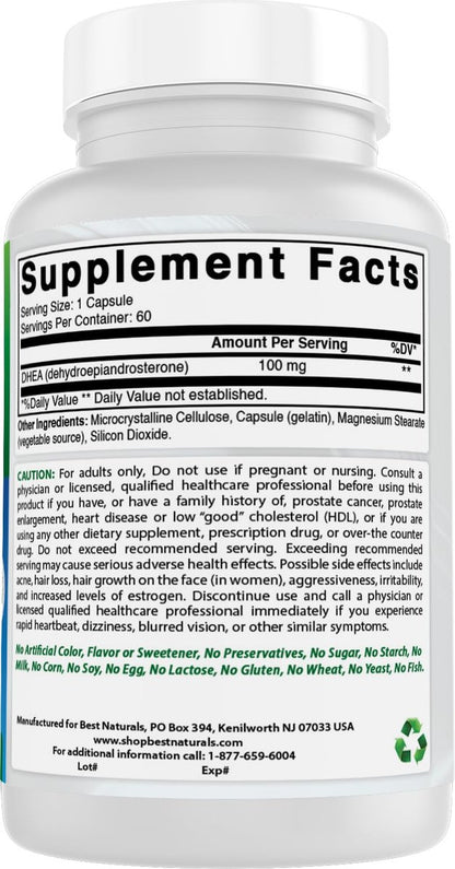 Best Naturals DHEA 100 mg – 60 Kapseln – Unterstützt ausgeglichene Hormonspiegel für Männer & Frauen – Fördert gesundes Altern – Hergestellt in den USA