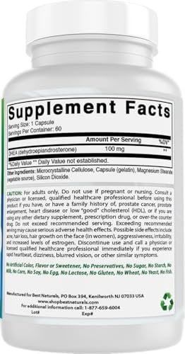 Best Naturals DHEA 100 mg – 60 Kapseln – Unterstützt ausgeglichene Hormonspiegel für Männer & Frauen – Fördert gesundes Altern – Hergestellt in den USA