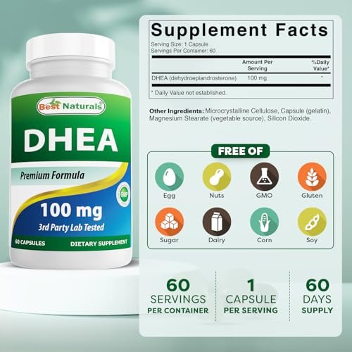 Best Naturals DHEA 100 mg – 60 Kapseln – Unterstützt ausgeglichene Hormonspiegel für Männer & Frauen – Fördert gesundes Altern – Hergestellt in den USA