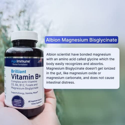AgeImmune Vitamin B Komplex mit Vitamin D3, B12, B6, Magnesiumbisglycinat und Folat als Methylfolat – Ärztlich formulierter methylierter B-Komplex – 60 Kapseln – Ohne Niacin