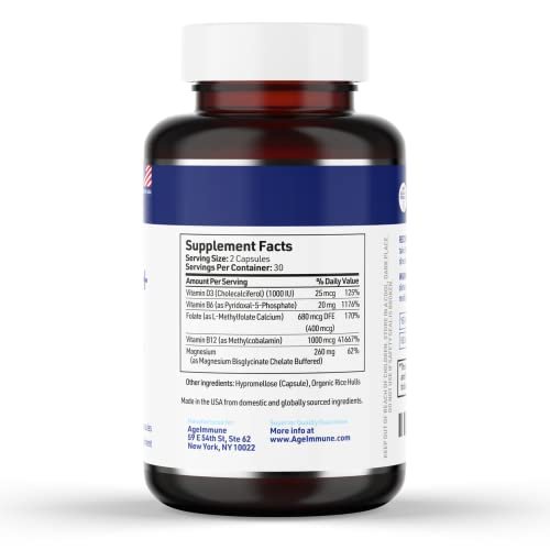 AgeImmune Vitamin B Komplex mit Vitamin D3, B12, B6, Magnesiumbisglycinat und Folat als Methylfolat – Ärztlich formulierter methylierter B-Komplex – 60 Kapseln – Ohne Niacin