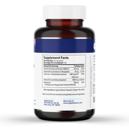 AgeImmune Vitamin B Komplex mit Vitamin D3, B12, B6, Magnesiumbisglycinat und Folat als Methylfolat – Ärztlich formulierter methylierter B-Komplex – 60 Kapseln – Ohne Niacin