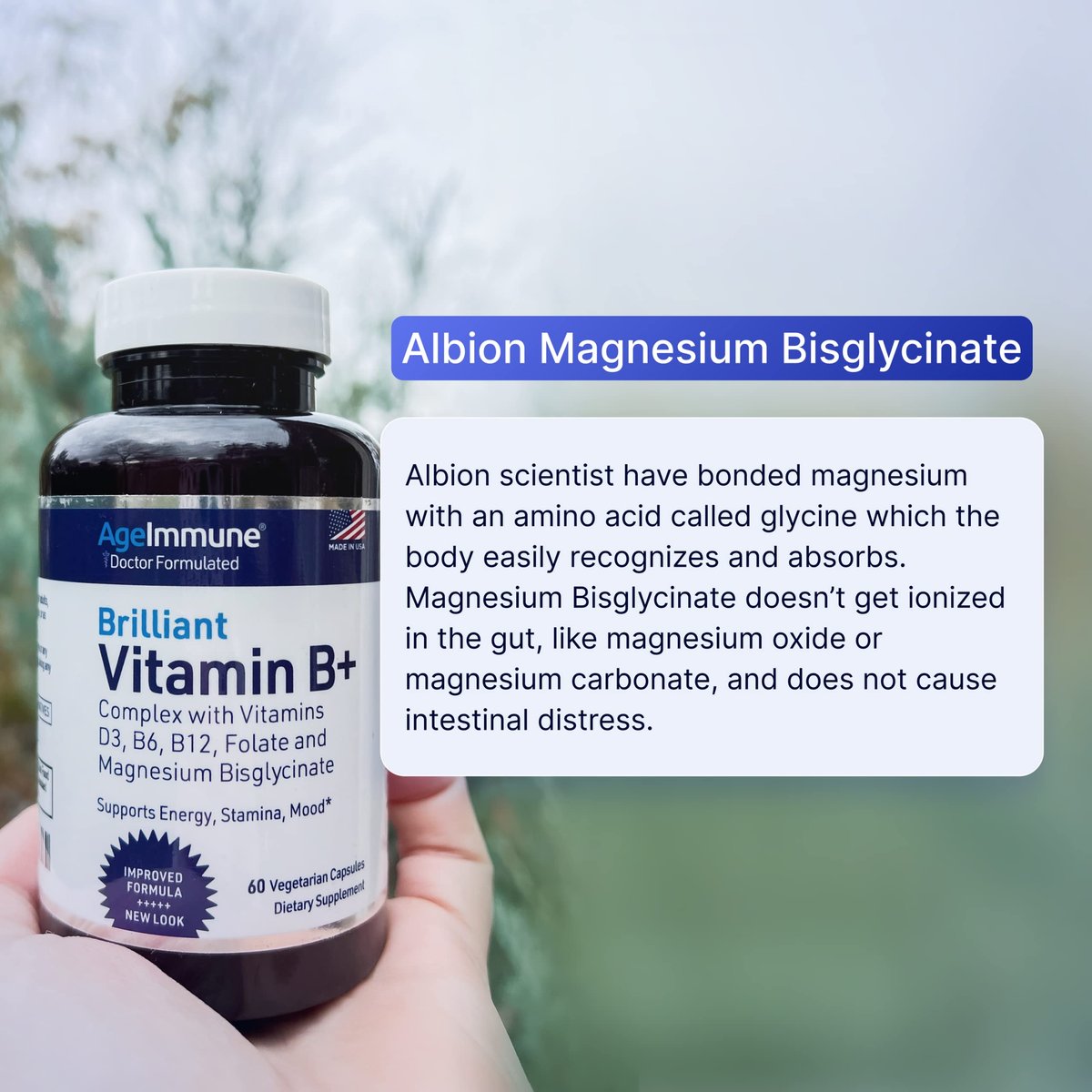 AgeImmune Vitamin B Komplex mit Vitamin D3, B12, B6, Magnesiumbisglycinat und Folat als Methylfolat – Ärztlich formulierter methylierter B-Komplex – 60 Kapseln – Ohne Niacin