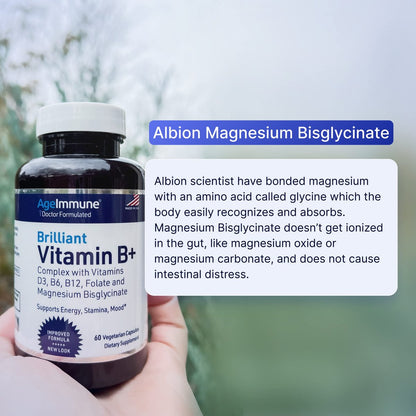 AgeImmune Vitamin B Komplex mit Vitamin D3, B12, B6, Magnesiumbisglycinat und Folat als Methylfolat – Ärztlich formulierter methylierter B-Komplex – 60 Kapseln – Ohne Niacin