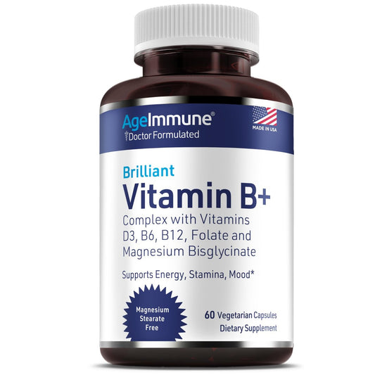AgeImmune Vitamin B Komplex mit Vitamin D3, B12, B6, Magnesiumbisglycinat und Folat als Methylfolat – Ärztlich formulierter methylierter B-Komplex – 60 Kapseln – Ohne Niacin
