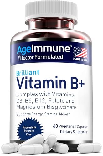 AgeImmune Vitamin B Komplex mit Vitamin D3, B12, B6, Magnesiumbisglycinat und Folat als Methylfolat – Ärztlich formulierter methylierter B-Komplex – 60 Kapseln – Ohne Niacin