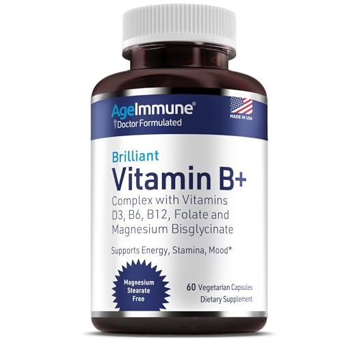 AgeImmune Vitamin B Komplex mit Vitamin D3, B12, B6, Magnesiumbisglycinat und Folat als Methylfolat – Ärztlich formulierter methylierter B-Komplex – 60 Kapseln – Ohne Niacin
