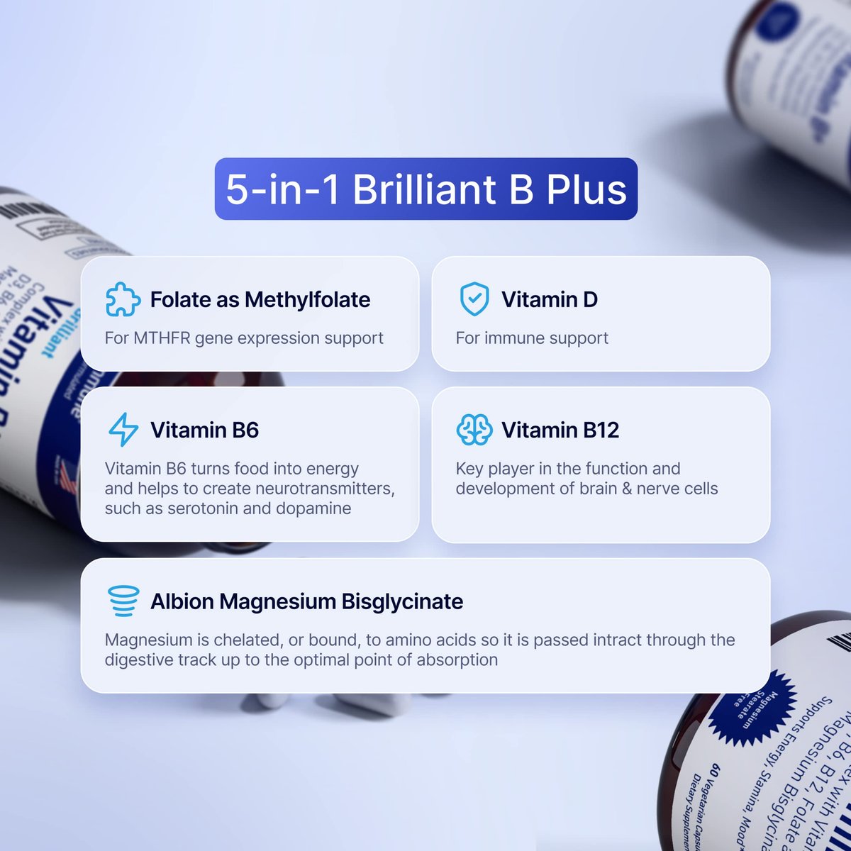 AgeImmune Vitamin B Komplex mit Vitamin D3, B12, B6, Magnesiumbisglycinat und Folat als Methylfolat – Ärztlich formulierter methylierter B-Komplex – 60 Kapseln – Ohne Niacin