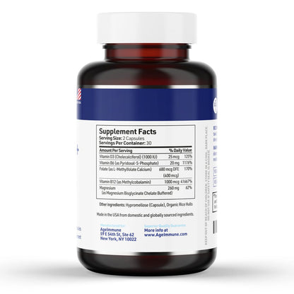 AgeImmune Vitamin B Komplex mit Vitamin D3, B12, B6, Magnesiumbisglycinat und Folat als Methylfolat – Ärztlich formulierter methylierter B-Komplex – 60 Kapseln – Ohne Niacin