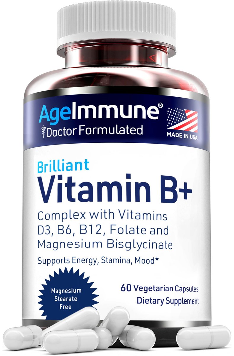AgeImmune Vitamin B Komplex mit Vitamin D3, B12, B6, Magnesiumbisglycinat und Folat als Methylfolat – Ärztlich formulierter methylierter B-Komplex – 60 Kapseln – Ohne Niacin