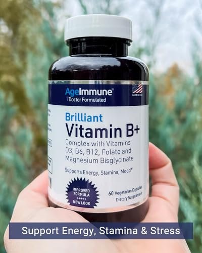 AgeImmune Vitamin B Komplex mit Vitamin D3, B12, B6, Magnesiumbisglycinat und Folat als Methylfolat – Ärztlich formulierter methylierter B-Komplex – 60 Kapseln – Ohne Niacin