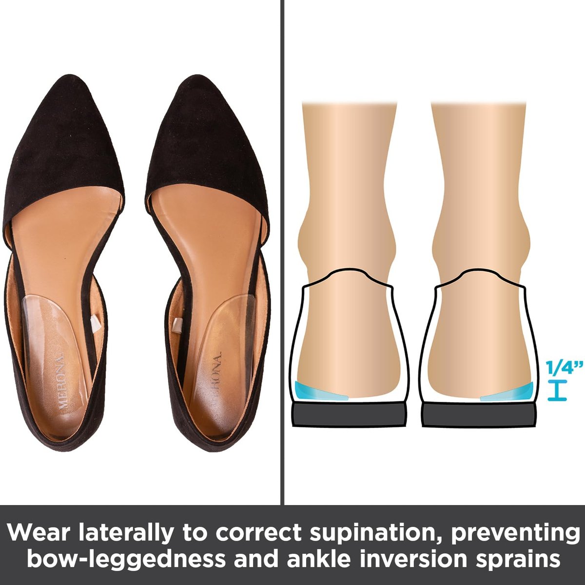 BraceAbility Mediale & Laterale Fersenkeil Silikon Einlegesohlen (Paar) - Korrektur von Supination & Pronation, selbstklebende Schuheinlagen für Fußausrichtung, Knieschmerzen, O-Beine, Arthrose