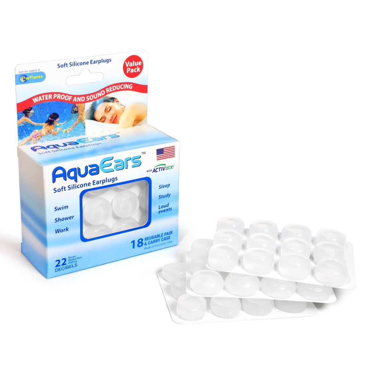 Aqua Ears® Weiche formbare Ohrstöpsel, 18 Paar, Silikon, Transparent
