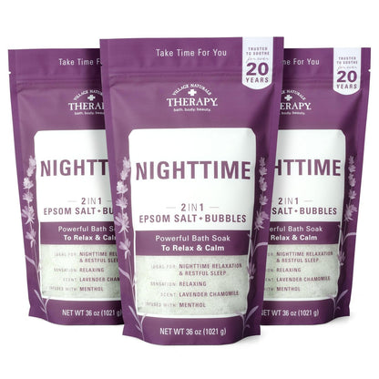 Village Naturals Therapy Nighttime Foaming Epsom Soak – 3er-Pack (je 36 oz) – Entspannendes Badesalz mit Lavendel & Kamille