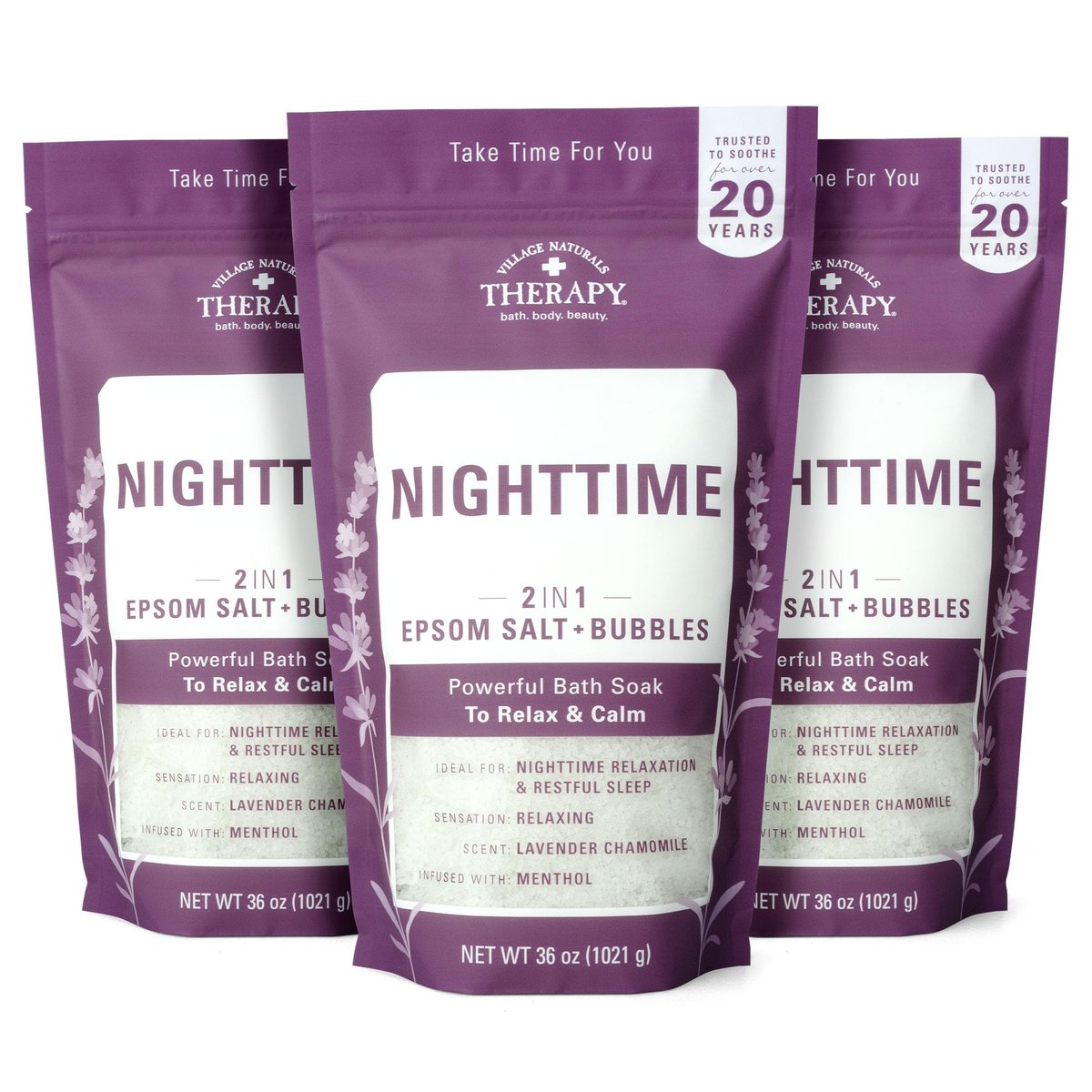 Village Naturals Therapy Nighttime Foaming Epsom Soak – 3er-Pack (je 36 oz) – Entspannendes Badesalz mit Lavendel & Kamille