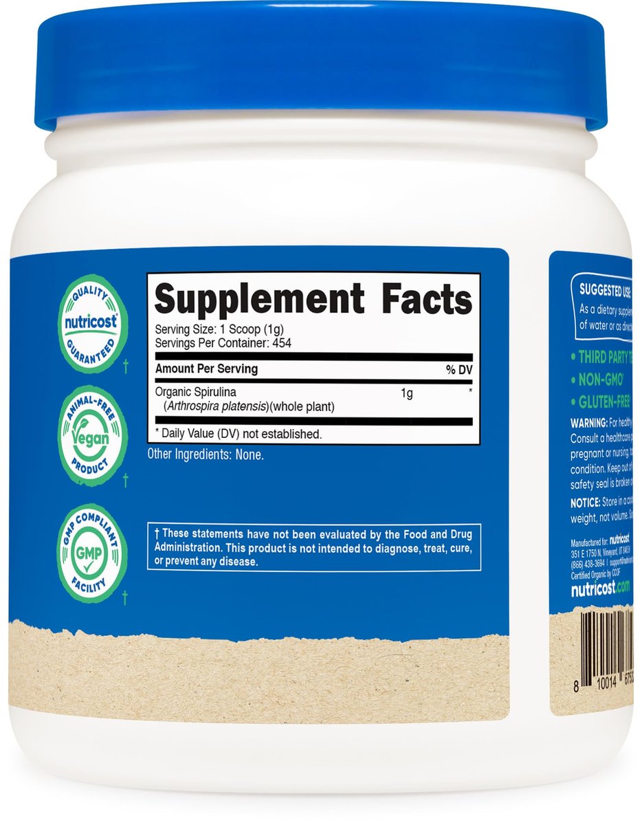 Nutricost Bio Spirulina Pulver 454g (1LB) - Reines, zertifiziertes Bio-Spirulina