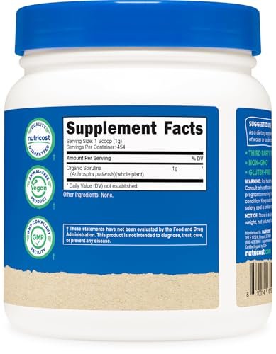 Nutricost Bio Spirulina Pulver 454g (1LB) - Reines, zertifiziertes Bio-Spirulina