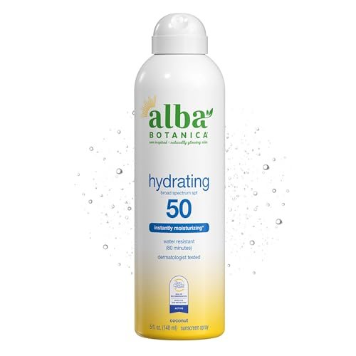 Alba Botanica Feuchtigkeitsspendendes Sonnenspray, LSF 50, Breitbandschutz, Wasserbeständig (80 Minuten), Hypoallergen, Oxybenzon-frei, 148 ml