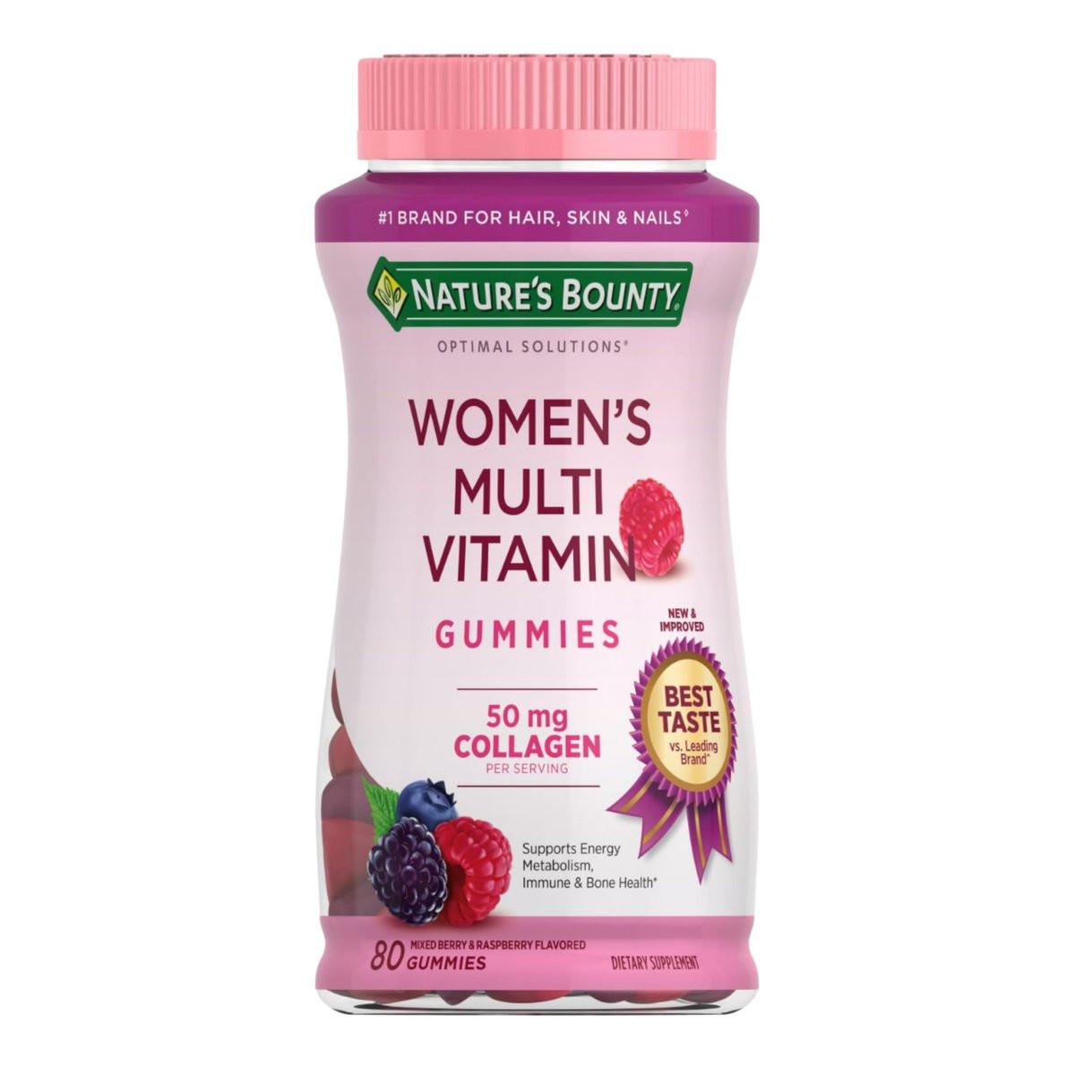 Nature's Bounty Optimal Solutions Frauen Multivitamin Gummis – Himbeergeschmack, 80 Stück, Immunsystem & Knochengesundheit