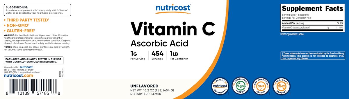 Nutricost Reine Ascorbinsäure Pulver (Vitamin C) 500g