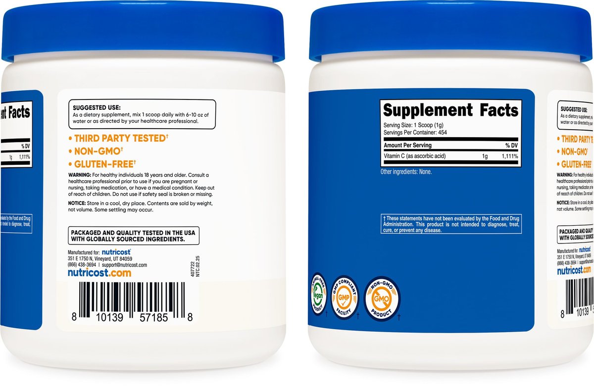 Nutricost Reine Ascorbinsäure Pulver (Vitamin C) 500g