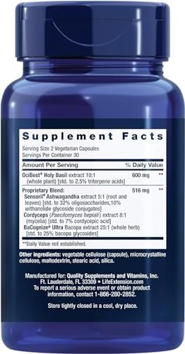 Life Extension Adrenal Energy Formula – Stressabbau mit heiligem Basilikum, Cordyceps, Bacopa und Ashwagandha, glutenfrei, nicht-GVO, vegetarisch, 60 Kapseln