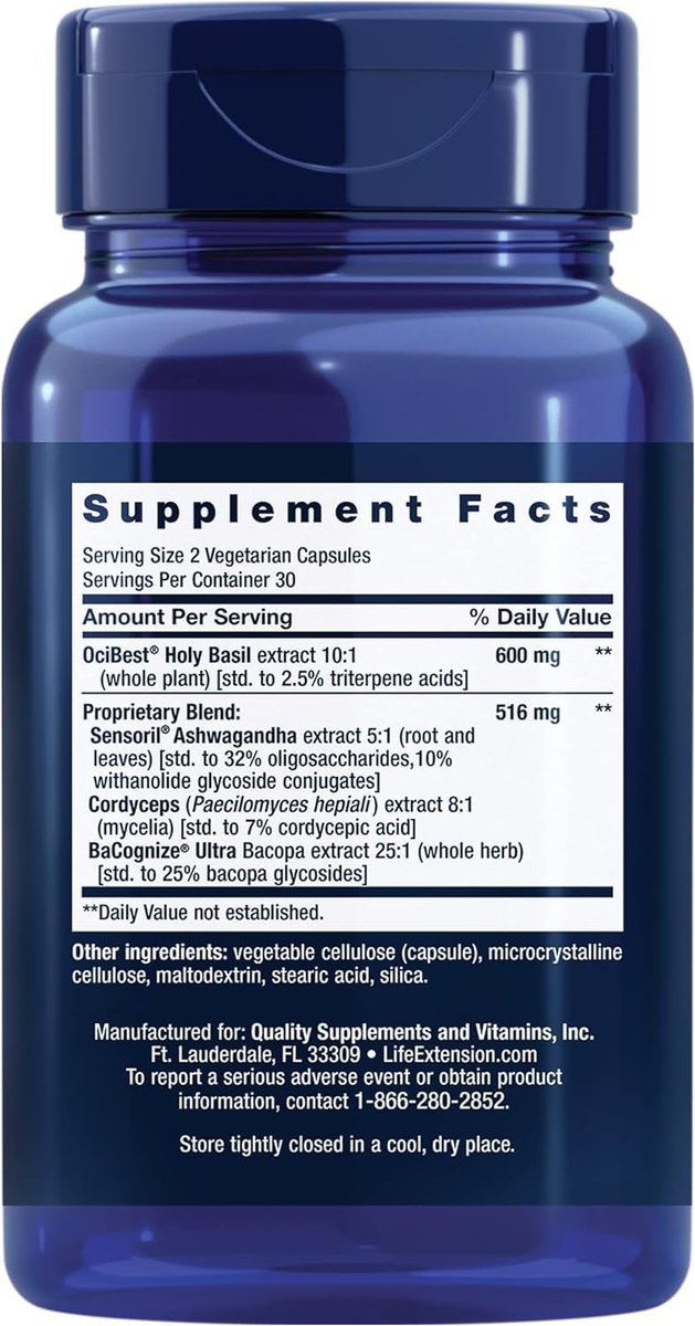 Life Extension Adrenal Energy Formula – Stressabbau mit heiligem Basilikum, Cordyceps, Bacopa und Ashwagandha, glutenfrei, nicht-GVO, vegetarisch, 60 Kapseln