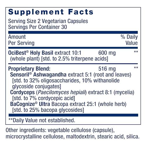 Life Extension Adrenal Energy Formula – Stressabbau mit heiligem Basilikum, Cordyceps, Bacopa und Ashwagandha, glutenfrei, nicht-GVO, vegetarisch, 60 Kapseln