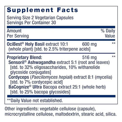 Life Extension Adrenal Energy Formula – Stressabbau mit heiligem Basilikum, Cordyceps, Bacopa und Ashwagandha, glutenfrei, nicht-GVO, vegetarisch, 60 Kapseln
