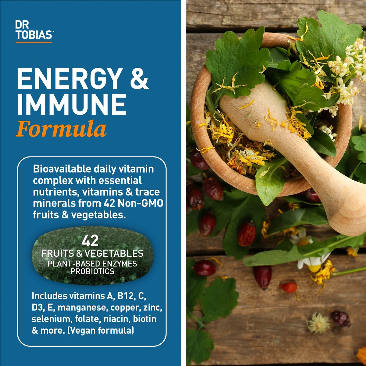 Dr. Tobias Erwachsene Multivitamine für Frauen & Männer – Immunstärkende Vitamine aus 42 Früchten, Gemüse, plus Probiotika, vegane Multivitamine für Männer & Frauen – Nicht-GVO (90 Tabletten, 30 Portionen)