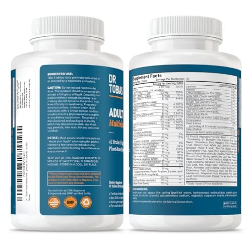 Dr. Tobias Erwachsene Multivitamine für Frauen & Männer – Immunstärkende Vitamine aus 42 Früchten, Gemüse, plus Probiotika, vegane Multivitamine für Männer & Frauen – Nicht-GVO (90 Tabletten, 30 Portionen)