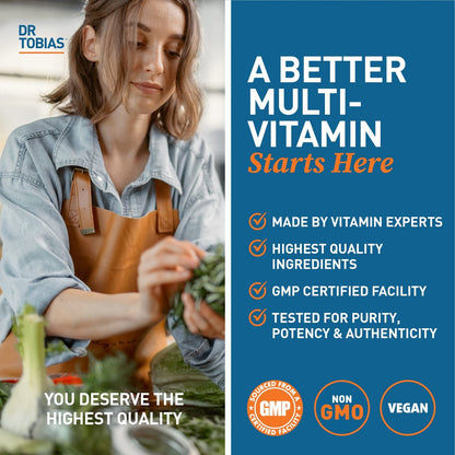 Dr. Tobias Erwachsene Multivitamine für Frauen & Männer – Immunstärkende Vitamine aus 42 Früchten, Gemüse, plus Probiotika, vegane Multivitamine für Männer & Frauen – Nicht-GVO (90 Tabletten, 30 Portionen)