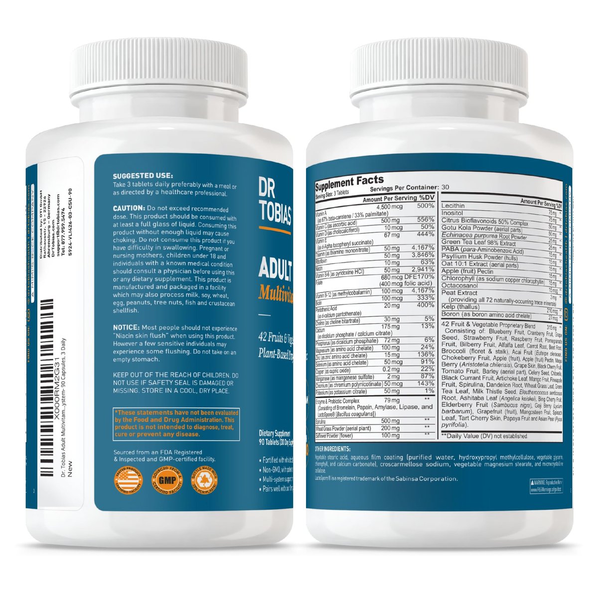 Dr. Tobias Erwachsene Multivitamine für Frauen & Männer – Immunstärkende Vitamine aus 42 Früchten, Gemüse, plus Probiotika, vegane Multivitamine für Männer & Frauen – Nicht-GVO (90 Tabletten, 30 Portionen)