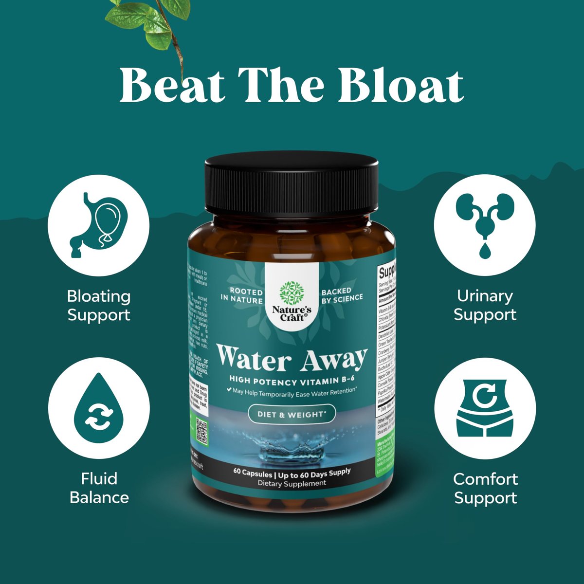 Water Away Herbal Diuretikum Kapseln Hochdosiert – Flüssigkeitsretention Ergänzung mit Löwenzahnblattextrakt & Grüntee für Blähungen Linderung für Frauen & Männer – Kapseln gegen Bein- & Fußschwellungen – 60 Stück