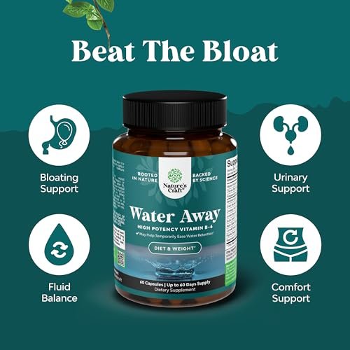 Water Away Herbal Diuretikum Kapseln Hochdosiert – Flüssigkeitsretention Ergänzung mit Löwenzahnblattextrakt & Grüntee für Blähungen Linderung für Frauen & Männer – Kapseln gegen Bein- & Fußschwellungen – 60 Stück