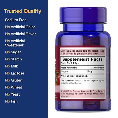 Puritan's Pride Premium Lycopene 20 mg – Nahrungsergänzungsmittel für Prostata, Antioxidans, Herzgesundheit und allgemeine Gesundheit, 60 schnell freisetzende Softgels (1 Monatsvorrat)