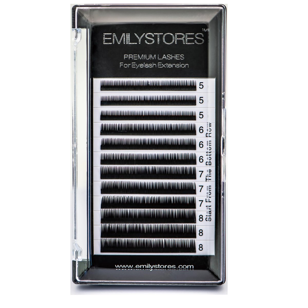 EMILYSTORES Untere Wimpernverlängerung – Gemischte J-Curl falsche Wimpern für untere Wimpern, 0,10 mm, Längen 5/6/7/8 mm, 1 Tablett (Schwarz)