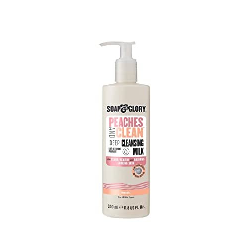 Soap & Glory Peaches & Clean Reinigungsmilch – Sanfter Gesichtsreiniger & Make-up-Entferner mit Jojobaöl, Pfirsich- und Ginsengextrakten – Feuchtigkeitsspendende Gesichtsreinigung für Frauen für weiche, strahlende Haut (11,8 oz)