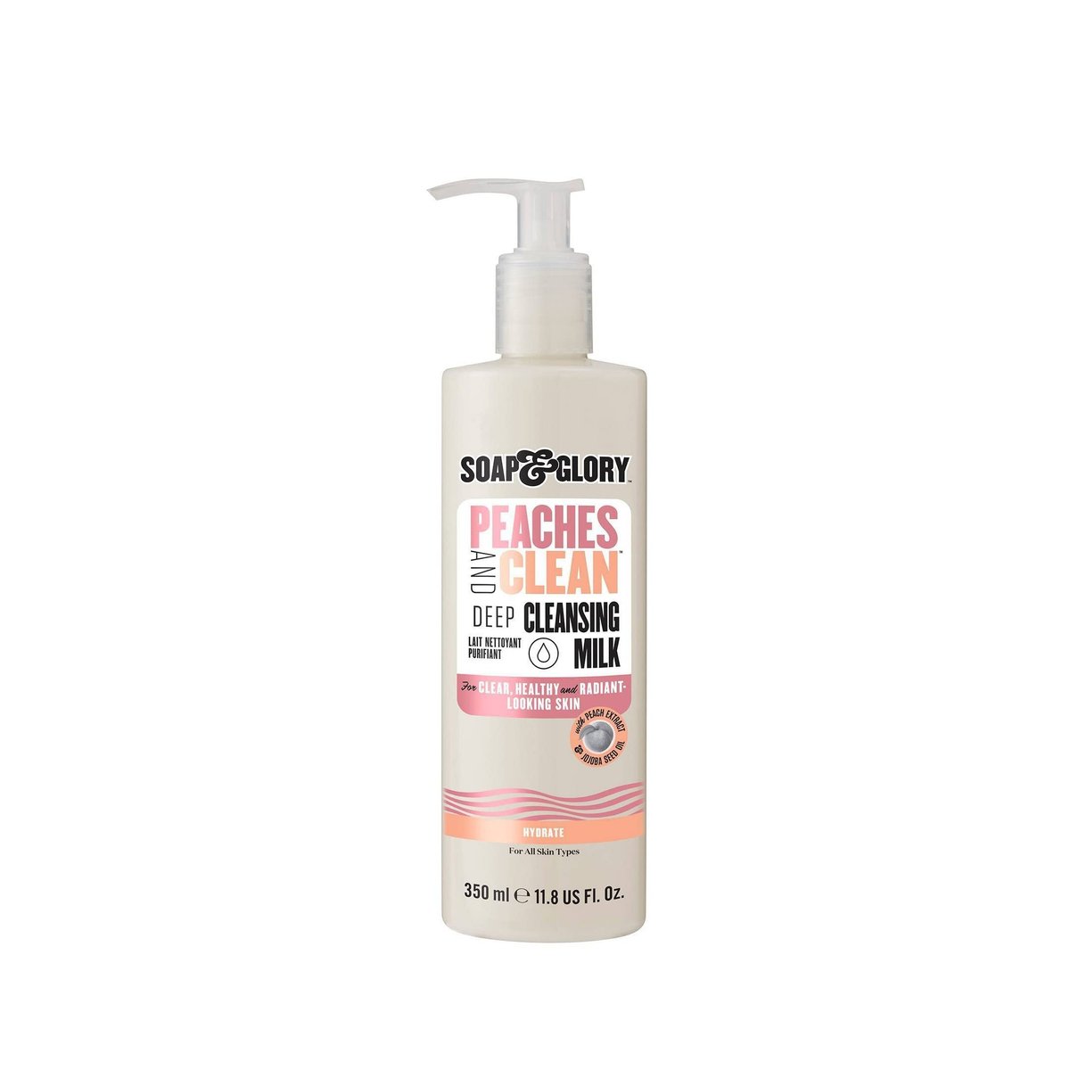 Soap & Glory Peaches & Clean Reinigungsmilch – Sanfter Gesichtsreiniger & Make-up-Entferner mit Jojobaöl, Pfirsich- und Ginsengextrakten – Feuchtigkeitsspendende Gesichtsreinigung für Frauen für weiche, strahlende Haut (11,8 oz)