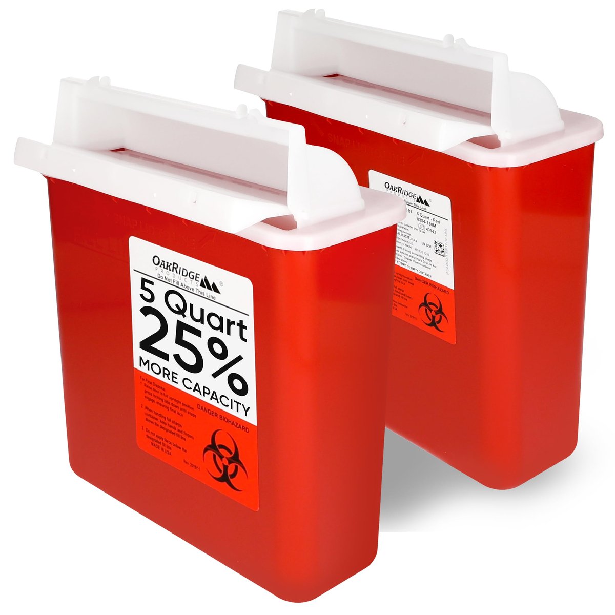 Oakridge Products Sharps Behälter für den Heimgebrauch und professionelle Nutzung 5 Quart (2er-Pack), Biohazard Nadel- und Spritzenentsorgung, Briefkastenstil Deckel, CDC-zertifiziert