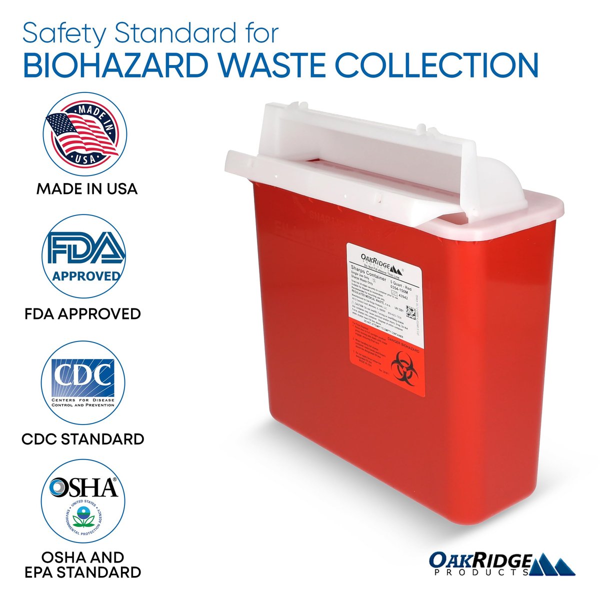 Oakridge Products Sharps Behälter für den Heimgebrauch und professionelle Nutzung 5 Quart (2er-Pack), Biohazard Nadel- und Spritzenentsorgung, Briefkastenstil Deckel, CDC-zertifiziert