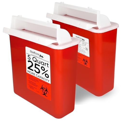 Oakridge Products Sharps Behälter für den Heimgebrauch und professionelle Nutzung 5 Quart (2er-Pack), Biohazard Nadel- und Spritzenentsorgung, Briefkastenstil Deckel, CDC-zertifiziert