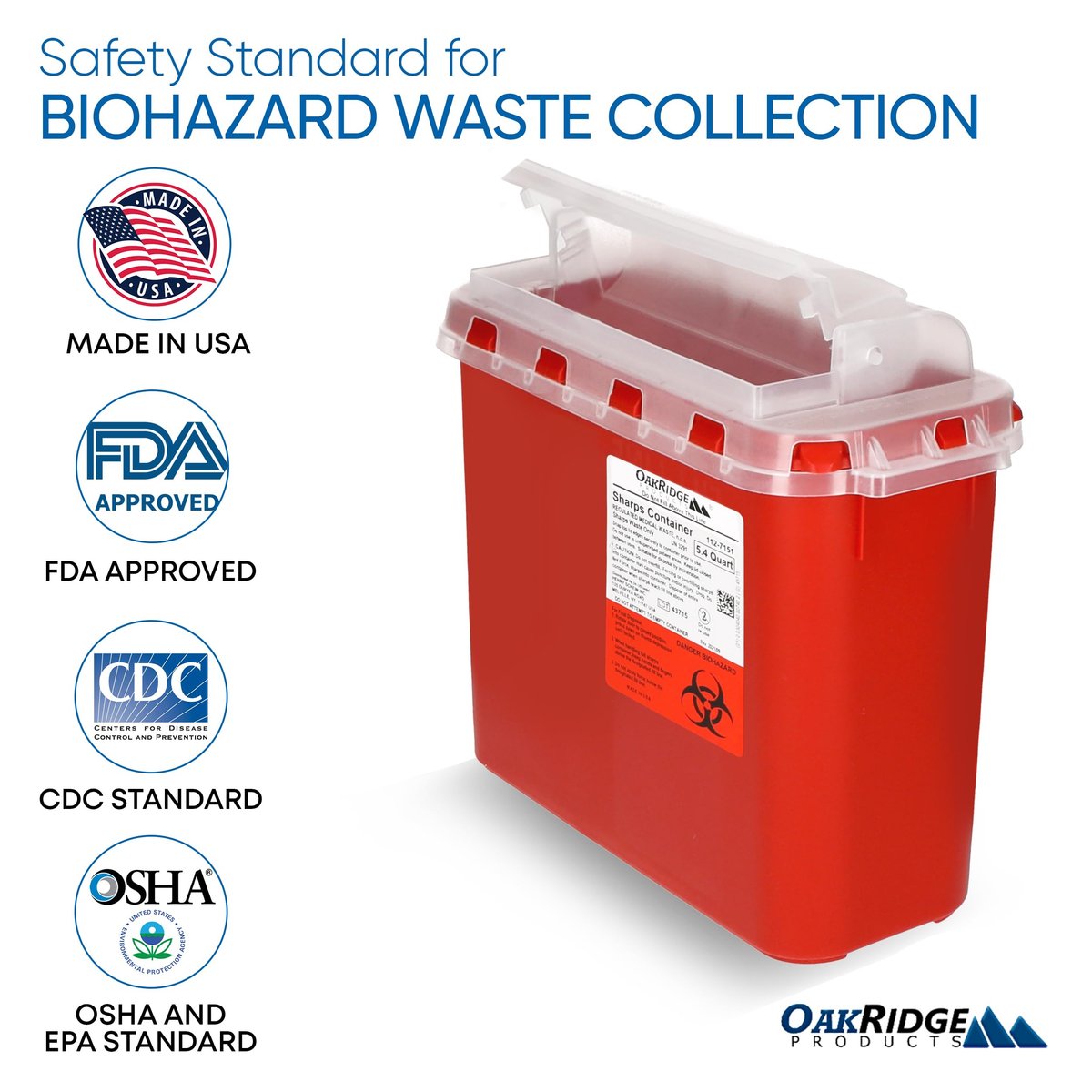 Oakridge Products Transparenter Sharps-Behälter für den Heimgebrauch und Profis 5,4 Quart (1er-Pack), berührungslose Entsorgung von Nadeln und Spritzen, drehbarer Deckel, CDC-zertifiziert