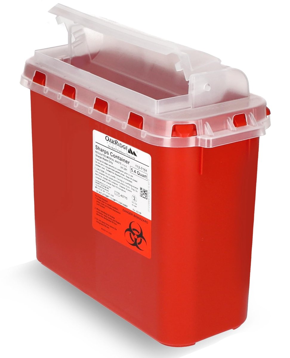 Oakridge Products Transparenter Sharps-Behälter für den Heimgebrauch und Profis 5,4 Quart (1er-Pack), berührungslose Entsorgung von Nadeln und Spritzen, drehbarer Deckel, CDC-zertifiziert
