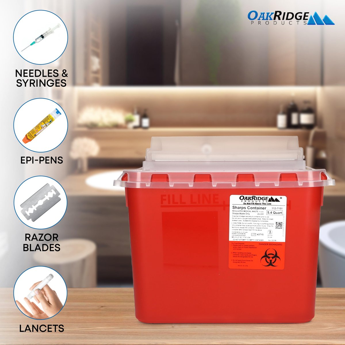 Oakridge Products Transparenter Sharps-Behälter für den Heimgebrauch und Profis 5,4 Quart (1er-Pack), berührungslose Entsorgung von Nadeln und Spritzen, drehbarer Deckel, CDC-zertifiziert