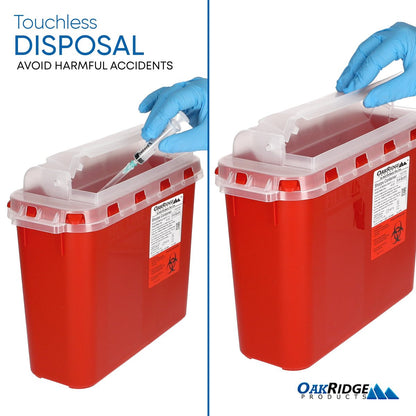Oakridge Products Transparenter Behälter für scharfe Gegenstände für den Heimgebrauch und Profis 5,4 Quart (2er-Pack), berührungslose Entsorgung von Biohazard-Nadeln und Spritzen, drehbarer Deckel, CDC-zertifiziert