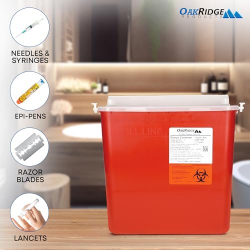 Oakridge Products Sharps Behälter für den Hausgebrauch und professionelle Nutzung 5 Quart (1er-Pack), Biohazard Nadel- und Spritzenentsorgung, Horizontal Drop Style Deckel mit Hebeln, CDC-zertifiziert